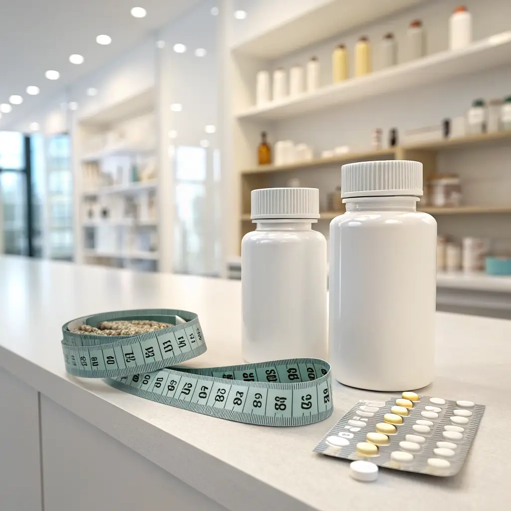 Professional photo of weight loss medication and a measuring tape in a pharmacy setting