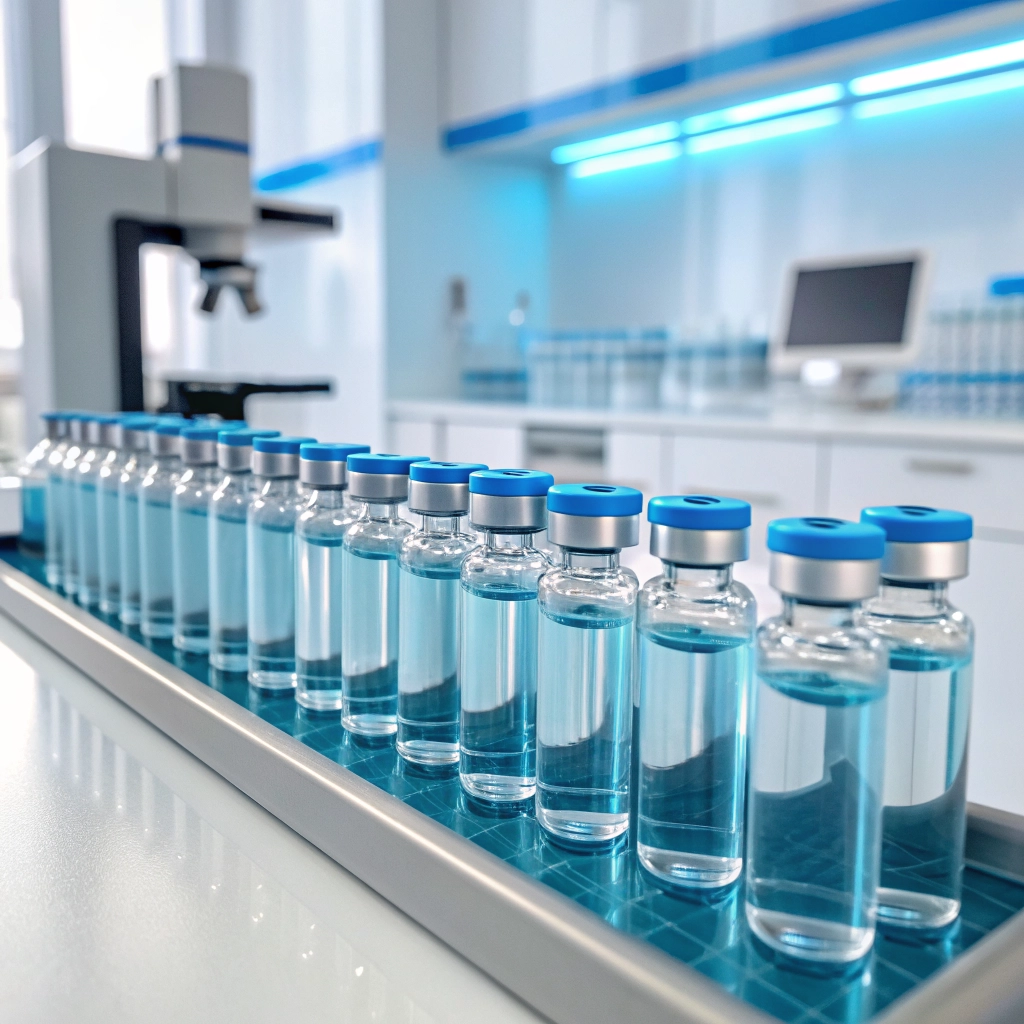 Close-up of peptide vials in a sterile laboratory environment