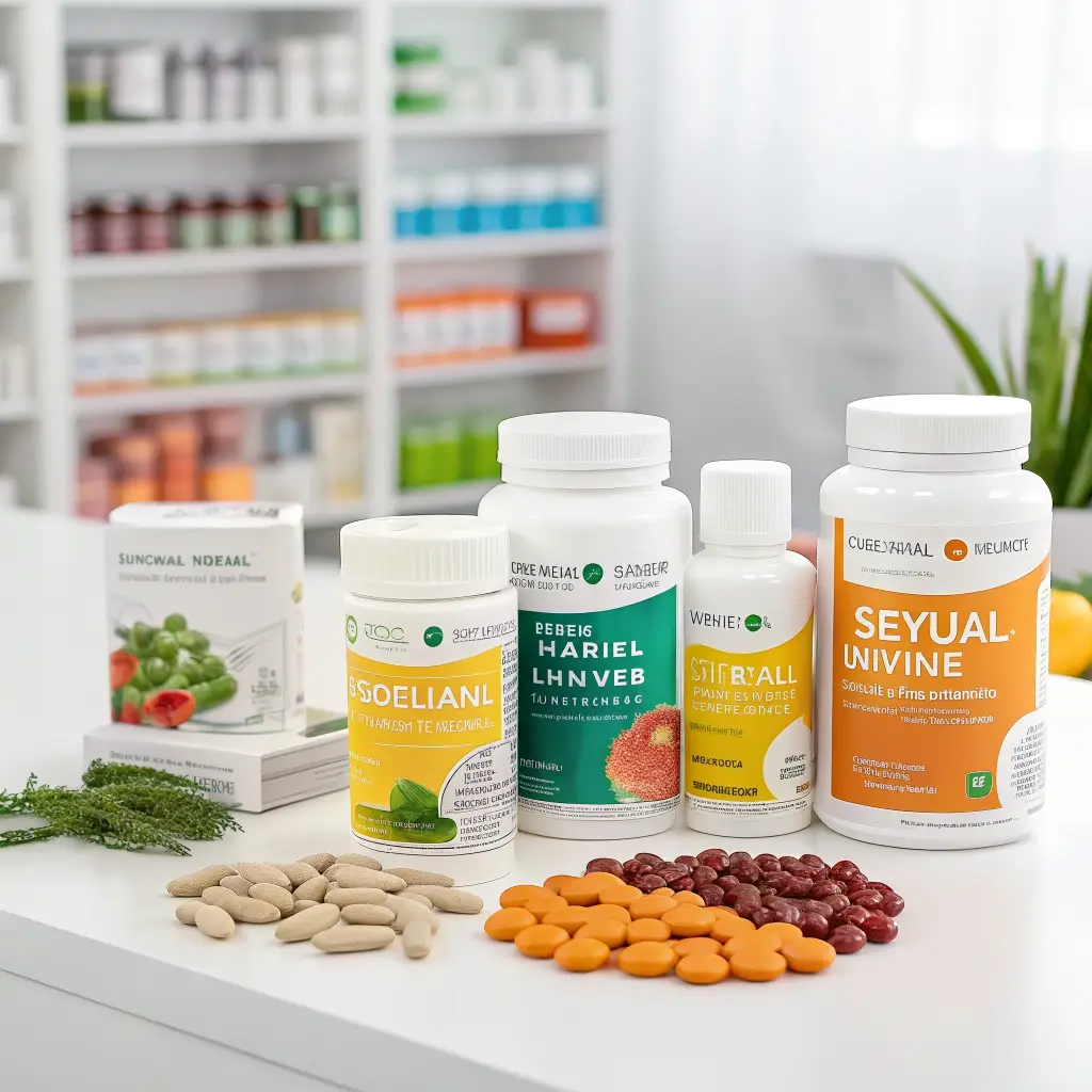 Sexual wellness supplements and vitamins in a clean, modern pharmacy layout