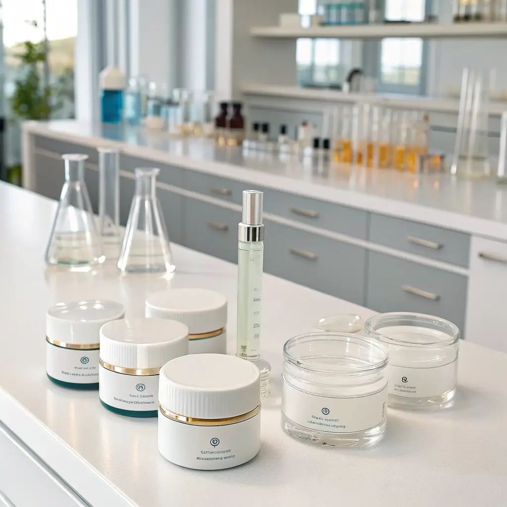 Customized cosmetic creams and skincare products in a pharmacy lab