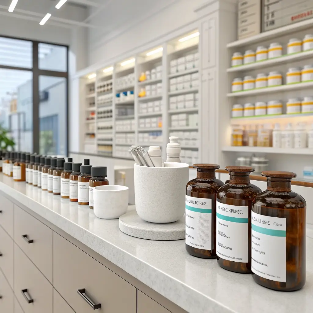 A variety of customized compounded medications in a professional pharmacy setting
