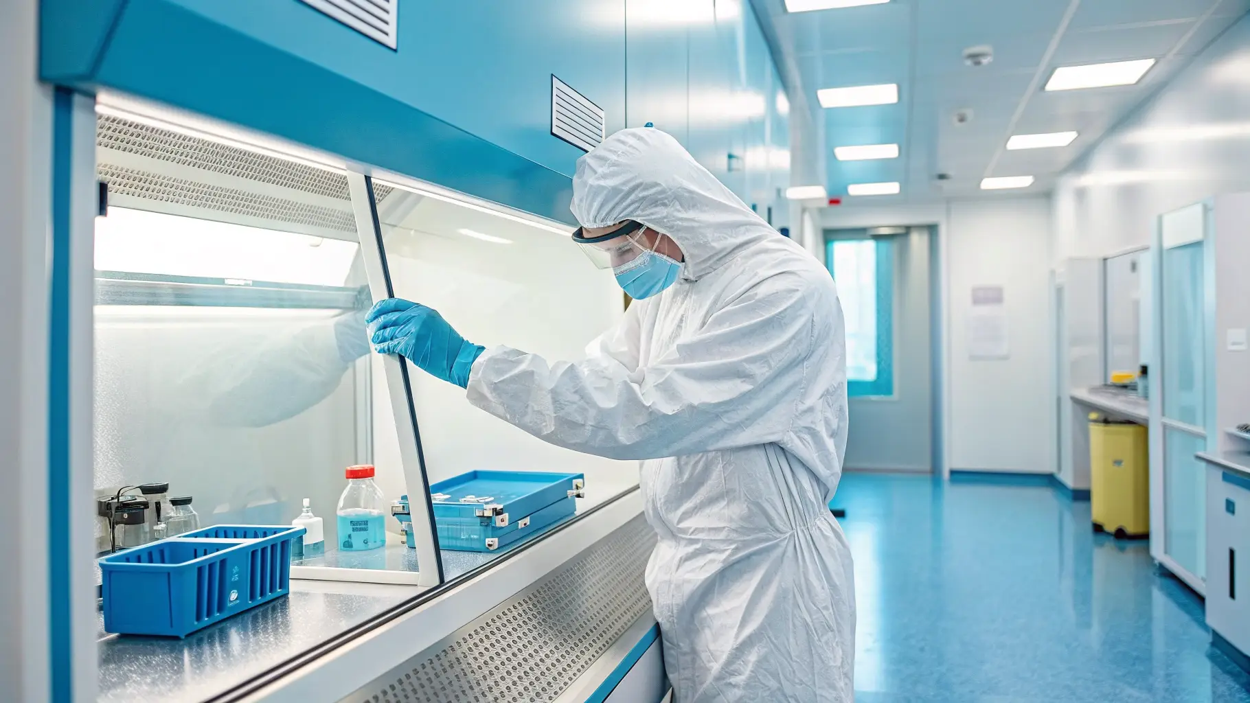 Professional pharmacist preparing sterile compounded medication in a clean room laboratory