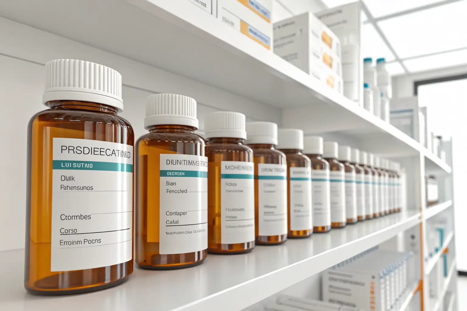 A row of neatly labeled customized medication bottles in a pharmacy