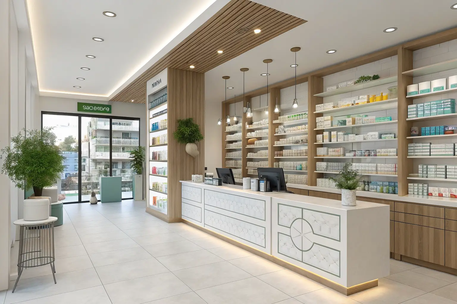 Modern pharmacy storefront with a welcoming atmosphere